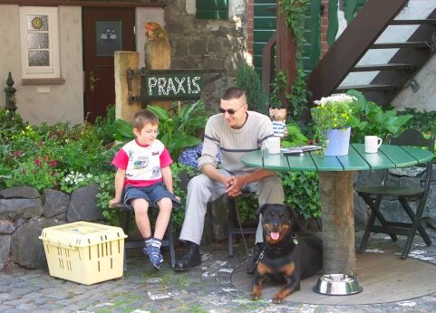 Besitzer und Tiere warten bei schoenem Wetter gern draussen